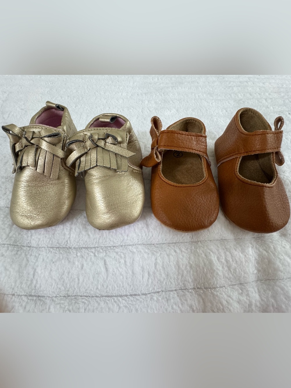 Bundle of baby moccasins, Gold and Brown leather Baby Shoes